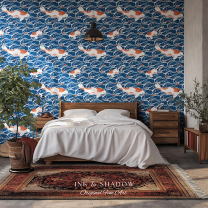 Koi Fish Vintage Costal Pattern Wallpaper | Ocean Print Japanese Inspired Blue Wave Art Renter Friendly Statement Wall for Modern Interiors