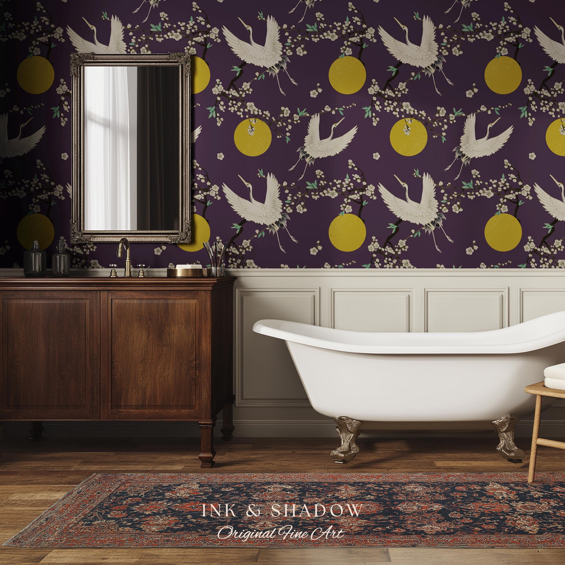 Crane and Golden Sun Statement Wallpaper | High Contrast Bold Home Decor Deep Plum Luxury Peel & Stick Japanese Inspired Eclectic Design