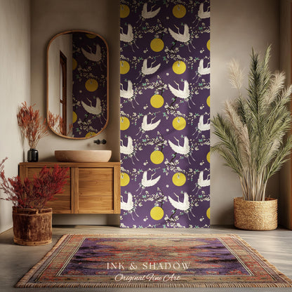Crane and Golden Sun Statement Wallpaper | High Contrast Bold Home Decor Deep Plum Luxury Peel & Stick Japanese Inspired Eclectic Design