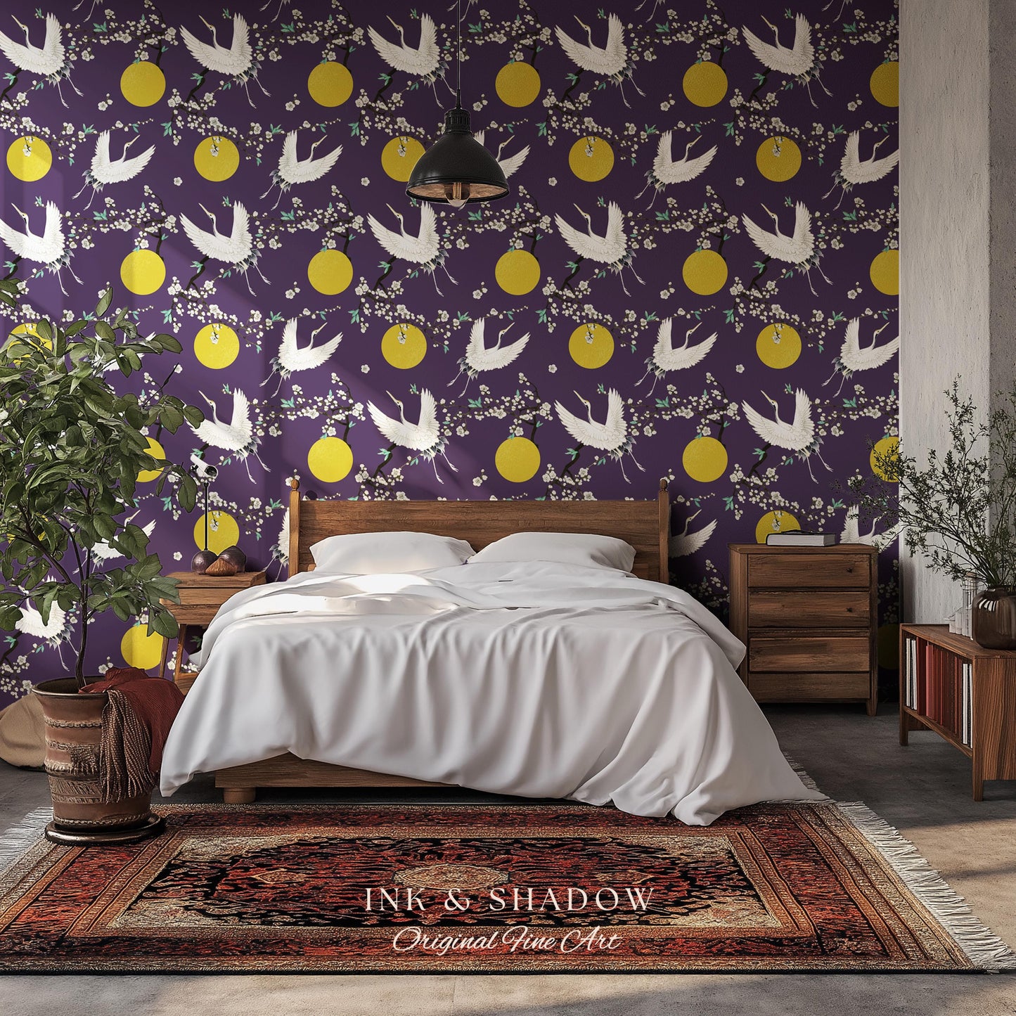 Crane and Golden Sun Statement Wallpaper | High Contrast Bold Home Decor Deep Plum Luxury Peel & Stick Japanese Inspired Eclectic Design