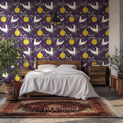 Crane and Golden Sun Statement Wallpaper | High Contrast Bold Home Decor Deep Plum Luxury Peel & Stick Japanese Inspired Eclectic Design