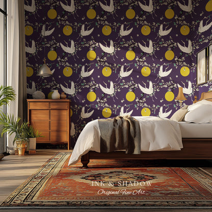 Crane and Golden Sun Statement Wallpaper | High Contrast Bold Home Decor Deep Plum Luxury Peel & Stick Japanese Inspired Eclectic Design