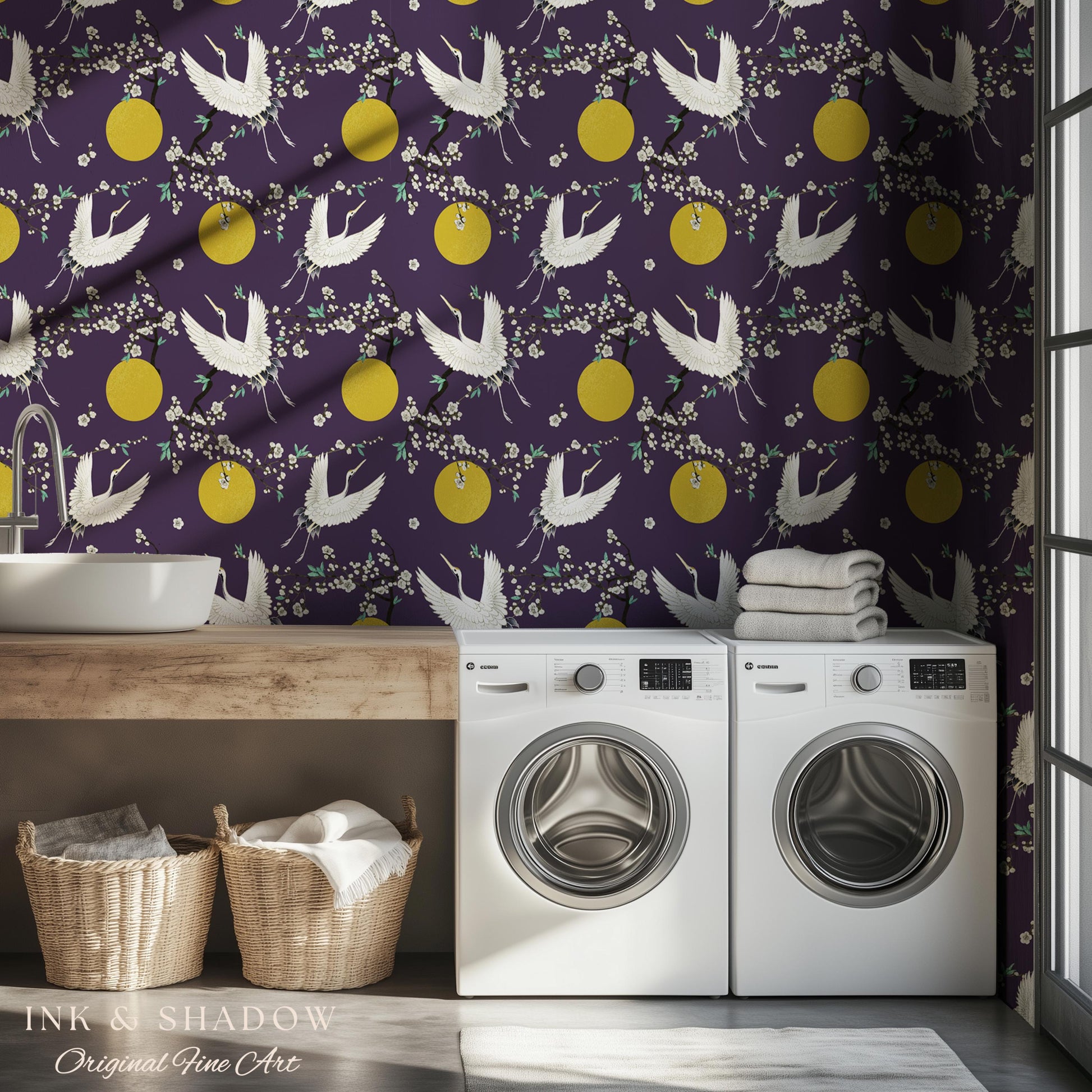 Crane and Golden Sun Statement Wallpaper | High Contrast Bold Home Decor Deep Plum Luxury Peel & Stick Japanese Inspired Eclectic Design