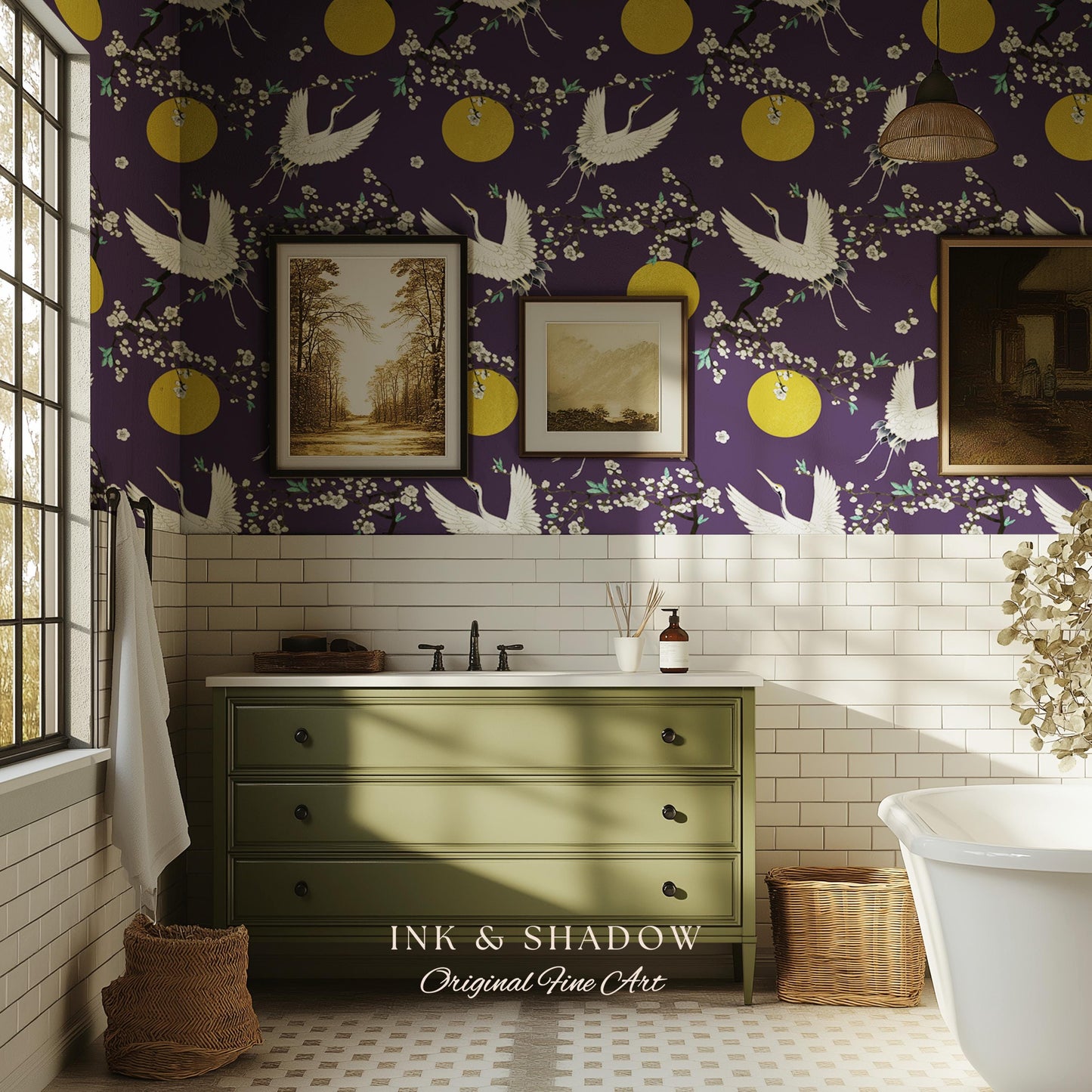 Crane and Golden Sun Statement Wallpaper | High Contrast Bold Home Decor Deep Plum Luxury Peel & Stick Japanese Inspired Eclectic Design
