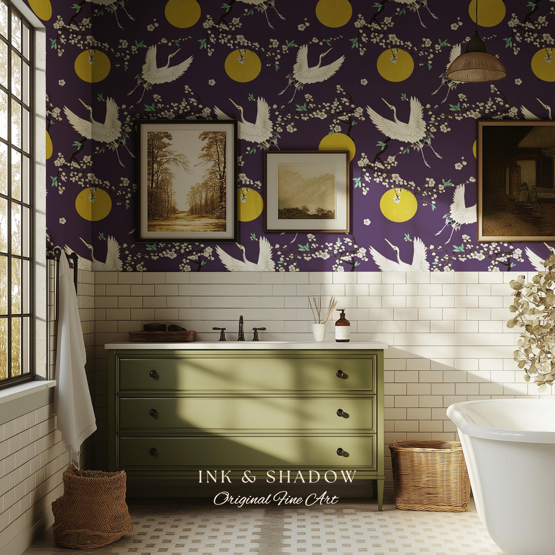 Crane and Golden Sun Statement Wallpaper | High Contrast Bold Home Decor Deep Plum Luxury Peel & Stick Japanese Inspired Eclectic Design