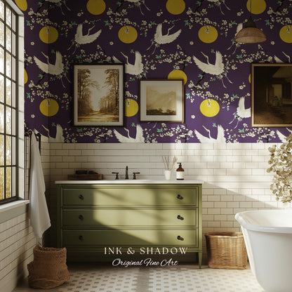 Crane and Golden Sun Statement Wallpaper | High Contrast Bold Home Decor Deep Plum Luxury Peel & Stick Japanese Inspired Eclectic Design