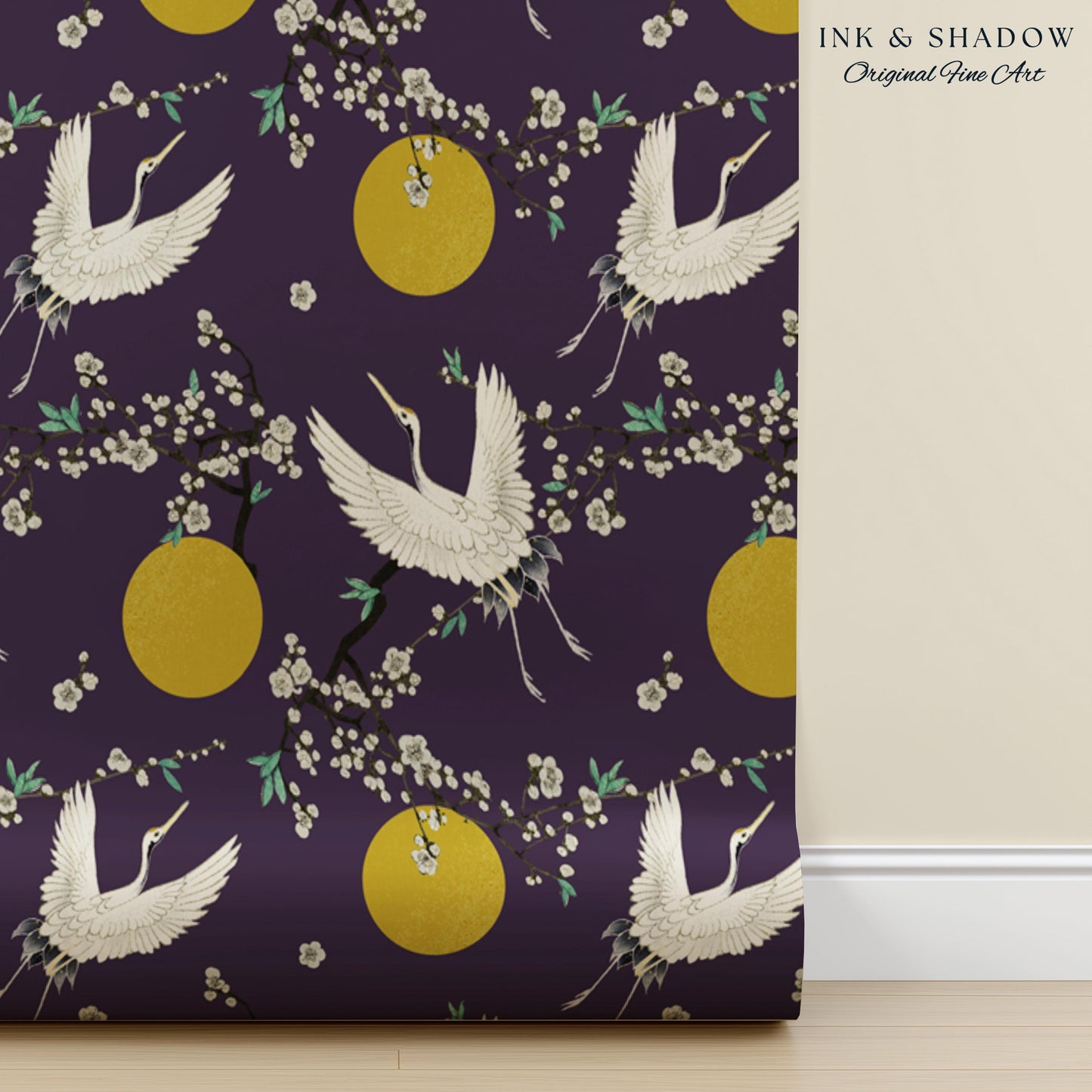 Crane and Golden Sun Statement Wallpaper | High Contrast Bold Home Decor Deep Plum Luxury Peel & Stick Japanese Inspired Eclectic Design
