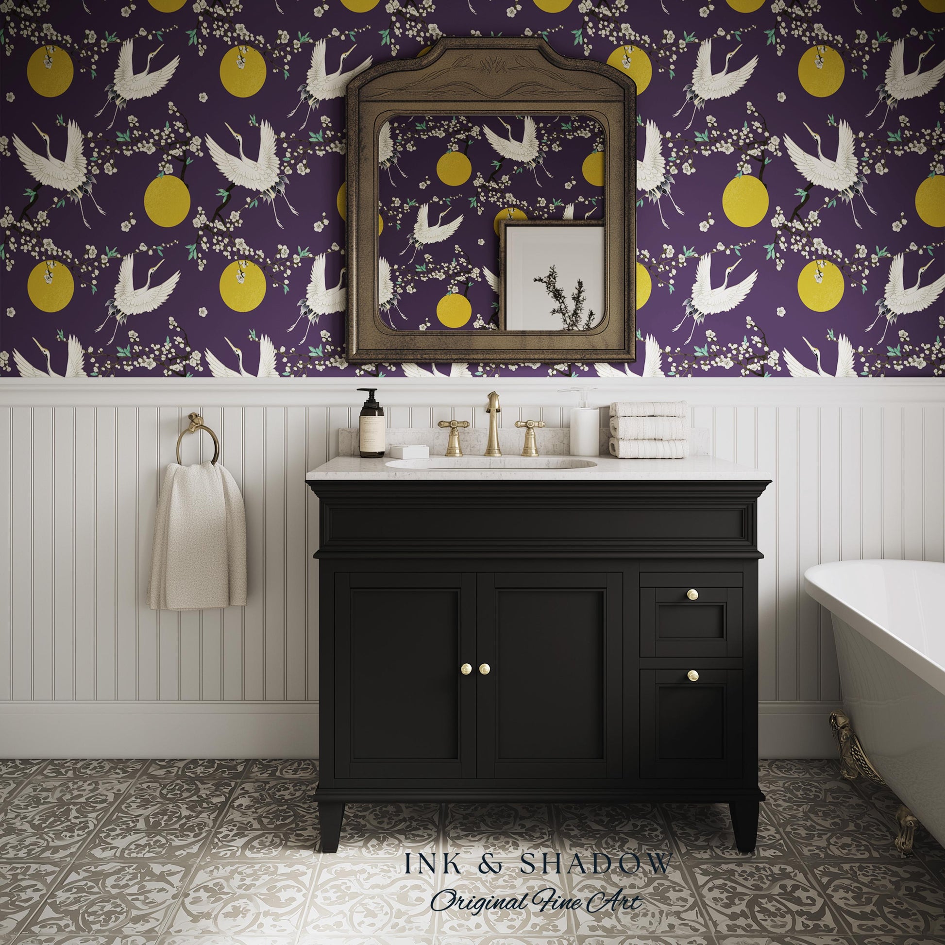 Crane and Golden Sun Statement Wallpaper | High Contrast Bold Home Decor Deep Plum Luxury Peel & Stick Japanese Inspired Eclectic Design