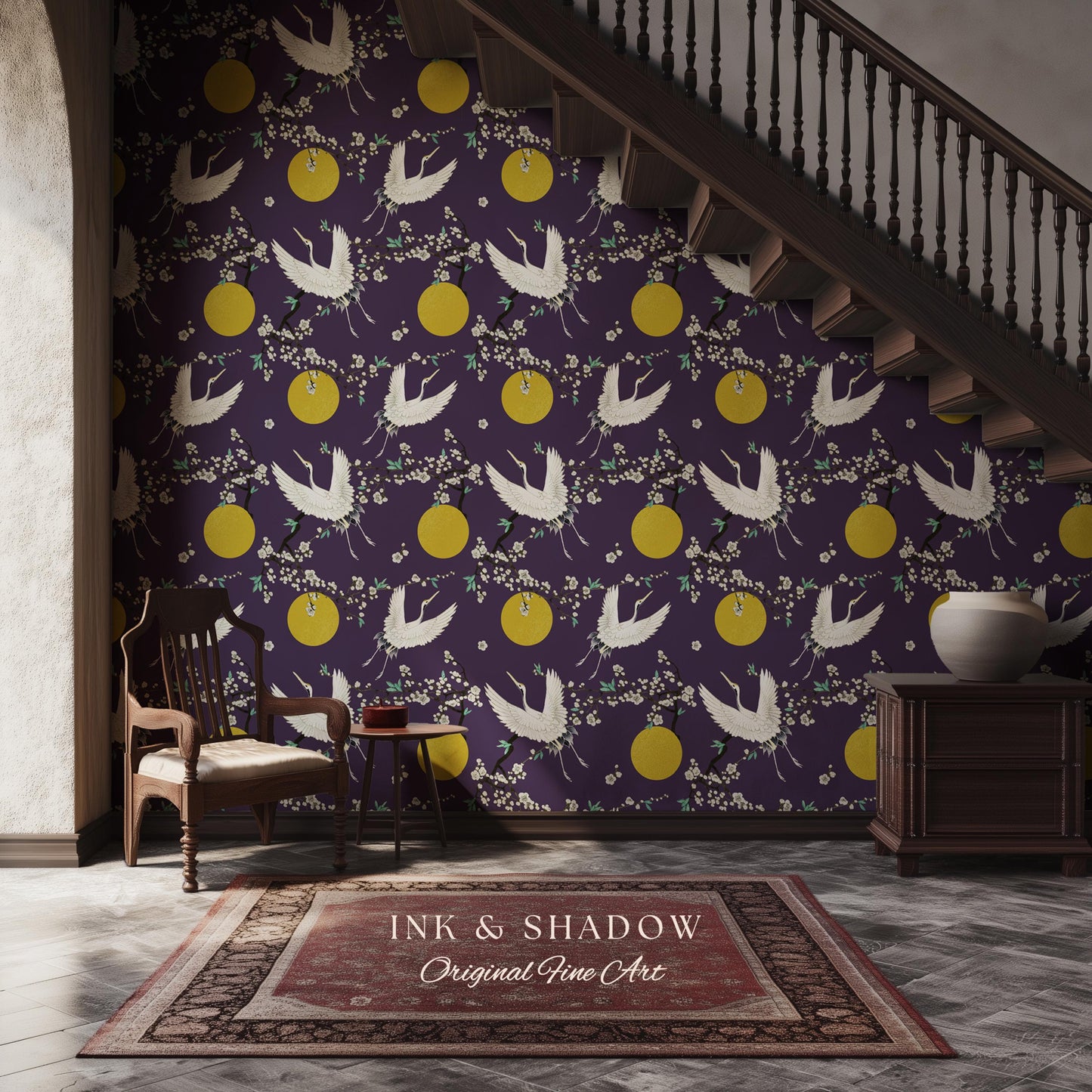 Crane and Golden Sun Statement Wallpaper | High Contrast Bold Home Decor Deep Plum Luxury Peel & Stick Japanese Inspired Eclectic Design