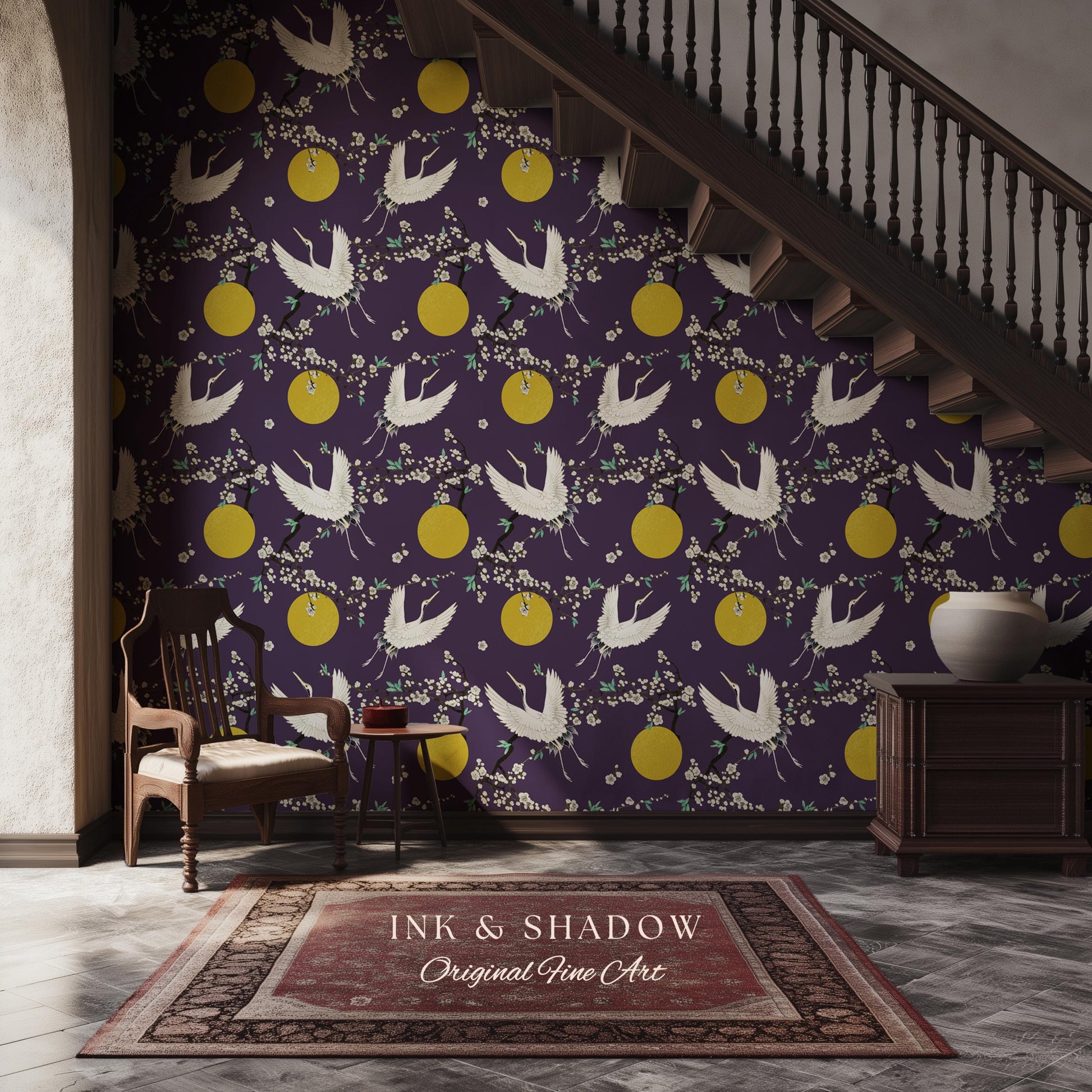 Crane and Golden Sun Statement Wallpaper | High Contrast Bold Home Decor Deep Plum Luxury Peel & Stick Japanese Inspired Eclectic Design
