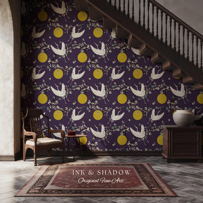 Crane and Golden Sun Statement Wallpaper | High Contrast Bold Home Decor Deep Plum Luxury Peel & Stick Japanese Inspired Eclectic Design