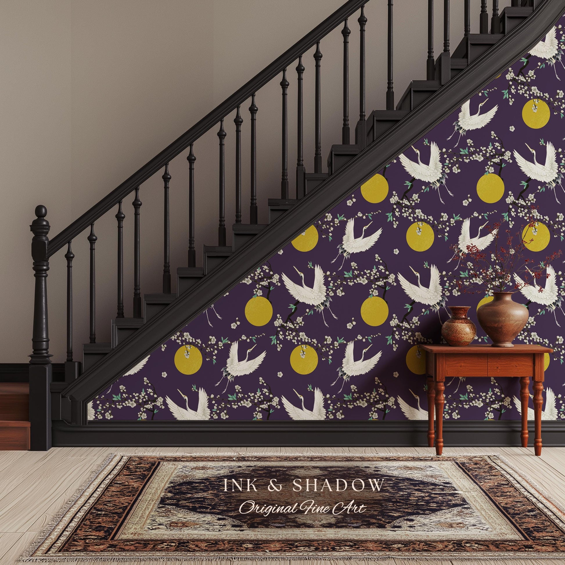 Crane and Golden Sun Statement Wallpaper | High Contrast Bold Home Decor Deep Plum Luxury Peel & Stick Japanese Inspired Eclectic Design