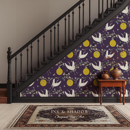 Crane and Golden Sun Statement Wallpaper | High Contrast Bold Home Decor Deep Plum Luxury Peel & Stick Japanese Inspired Eclectic Design