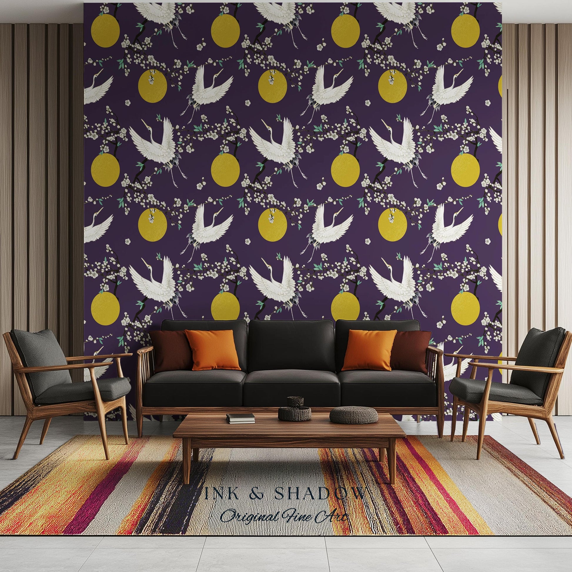Crane and Golden Sun Statement Wallpaper | High Contrast Bold Home Decor Deep Plum Luxury Peel & Stick Japanese Inspired Eclectic Design