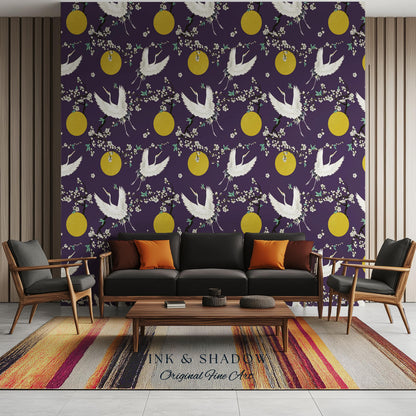 Crane and Golden Sun Statement Wallpaper | High Contrast Bold Home Decor Deep Plum Luxury Peel & Stick Japanese Inspired Eclectic Design