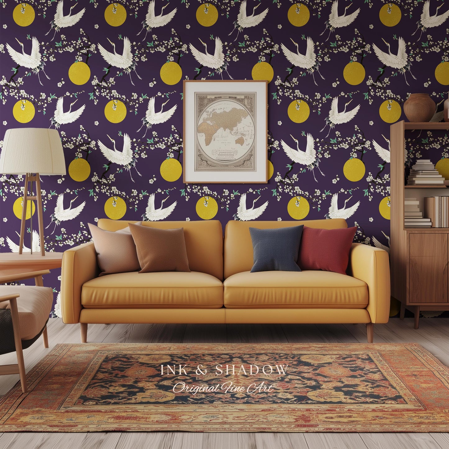 Crane and Golden Sun Statement Wallpaper | High Contrast Bold Home Decor Deep Plum Luxury Peel & Stick Japanese Inspired Eclectic Design