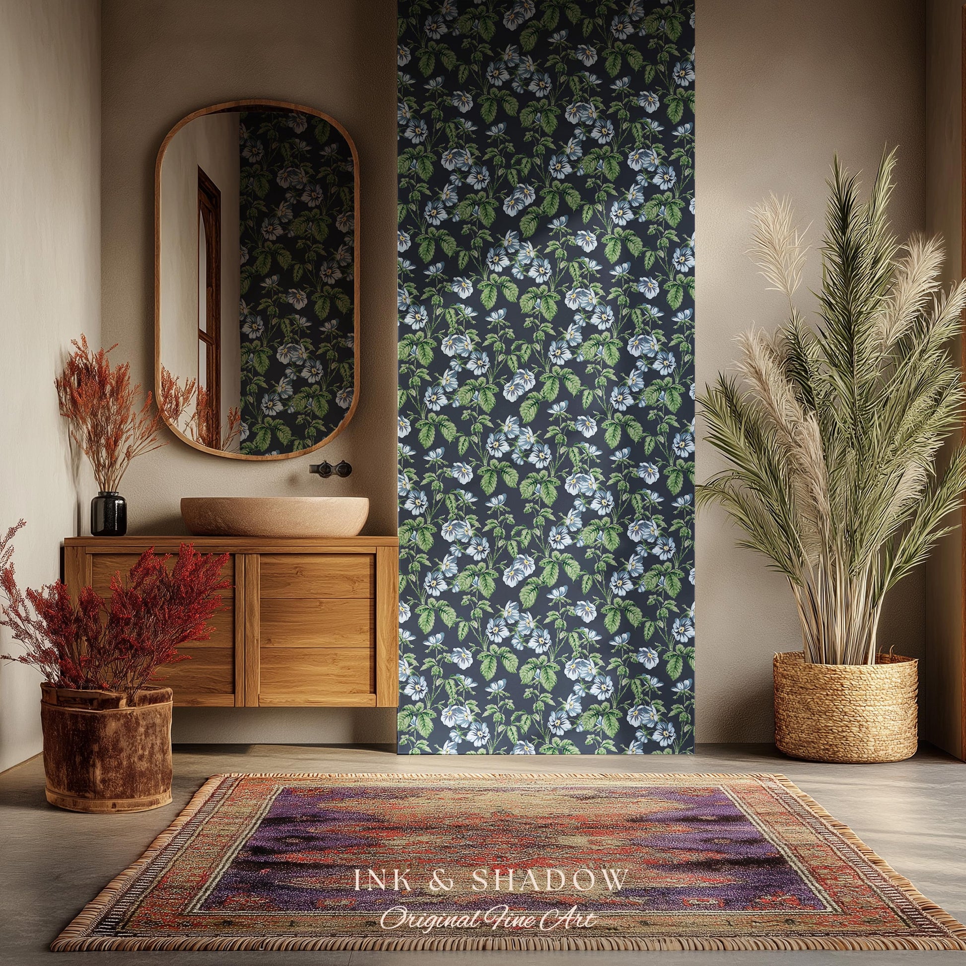 English Elegance Blue Floral Wallpaper | Vintage Inspired Small-Scale Flower Pattern Timeless Bedroom Accent Renter Friendly Design Classic