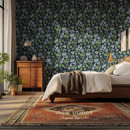 English Elegance Blue Floral Wallpaper | Vintage Inspired Small-Scale Flower Pattern Timeless Bedroom Accent Renter Friendly Design Classic