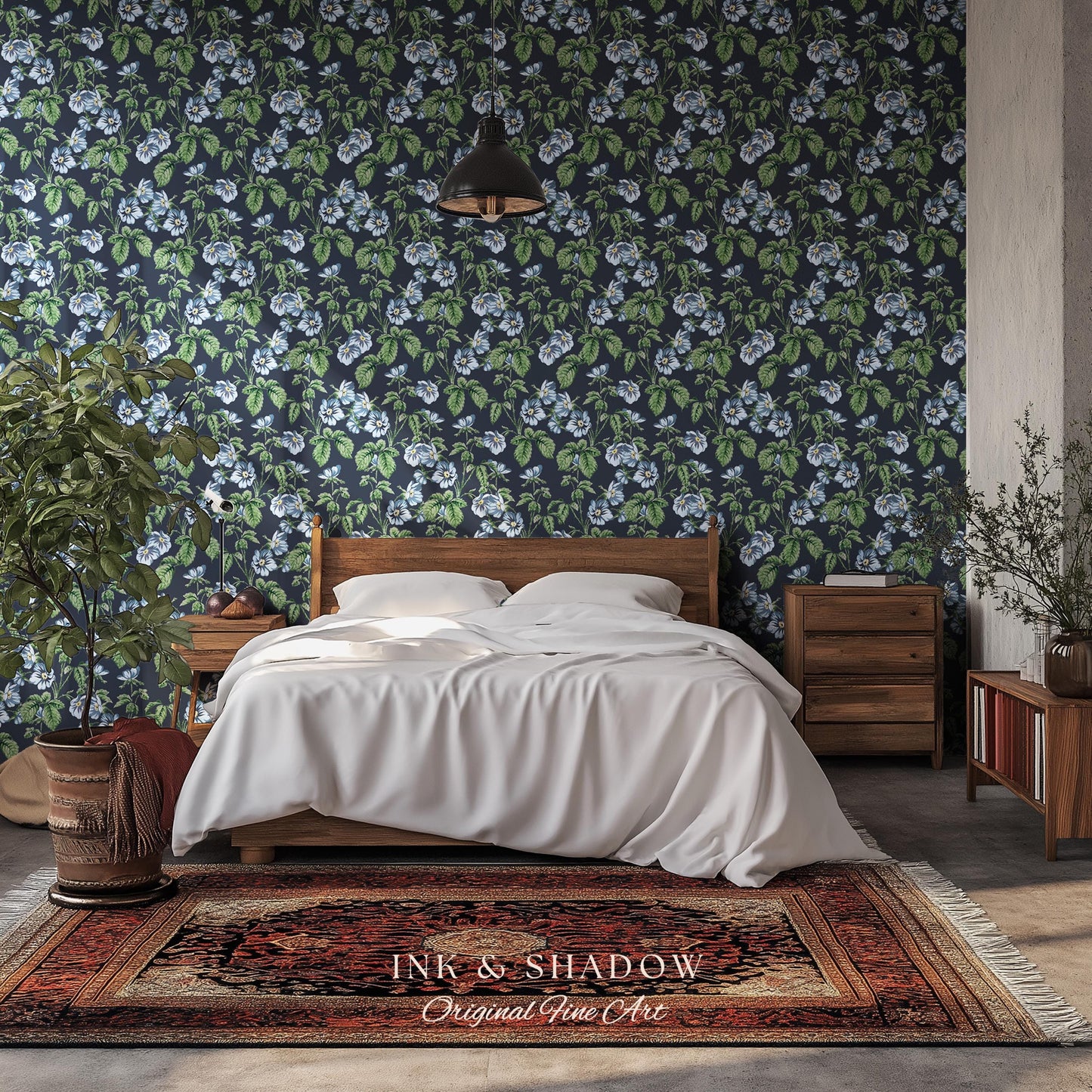English Elegance Blue Floral Wallpaper | Vintage Inspired Small-Scale Flower Pattern Timeless Bedroom Accent Renter Friendly Design Classic