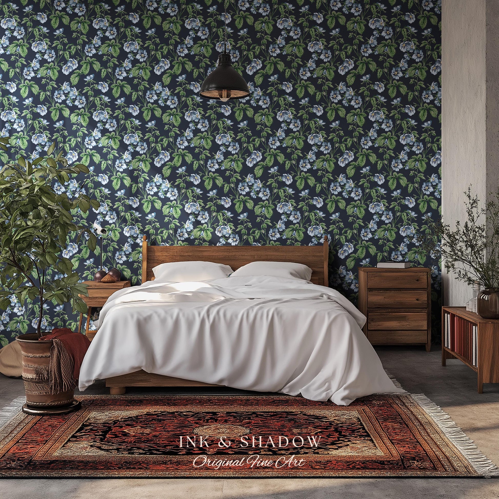 English Elegance Blue Floral Wallpaper | Vintage Inspired Small-Scale Flower Pattern Timeless Bedroom Accent Renter Friendly Design Classic