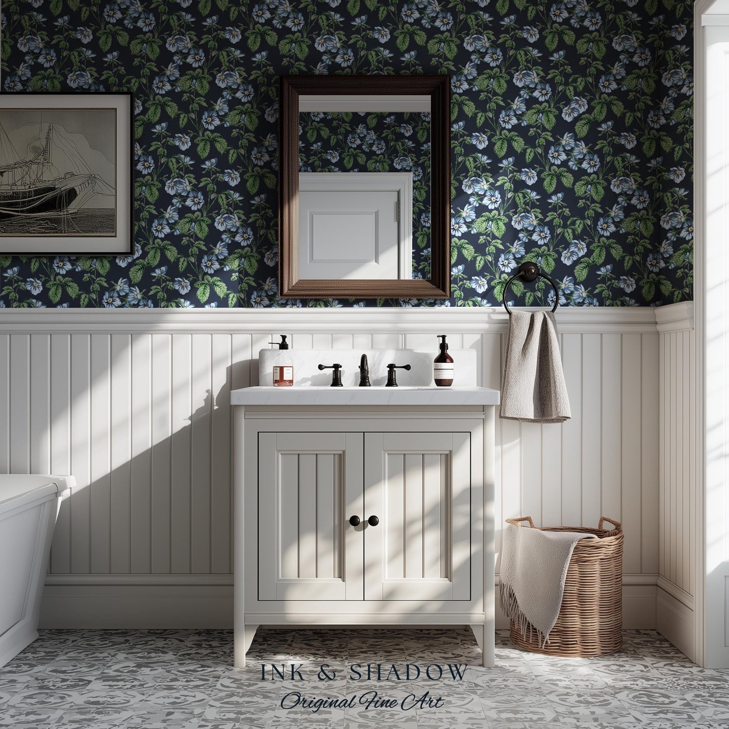 English Elegance Blue Floral Wallpaper | Vintage Inspired Small-Scale Flower Pattern Timeless Bedroom Accent Renter Friendly Design Classic