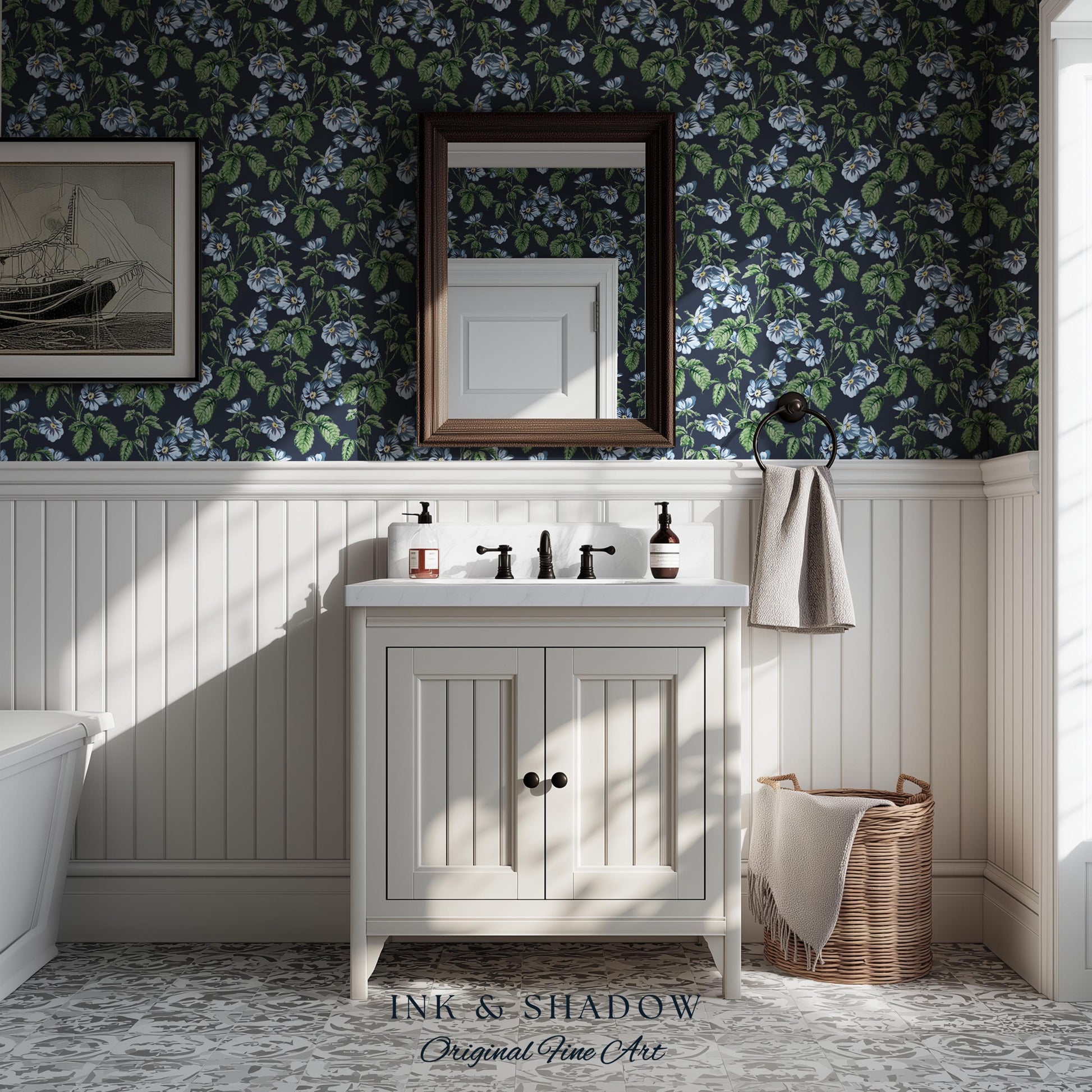 English Elegance Blue Floral Wallpaper | Vintage Inspired Small-Scale Flower Pattern Timeless Bedroom Accent Renter Friendly Design Classic