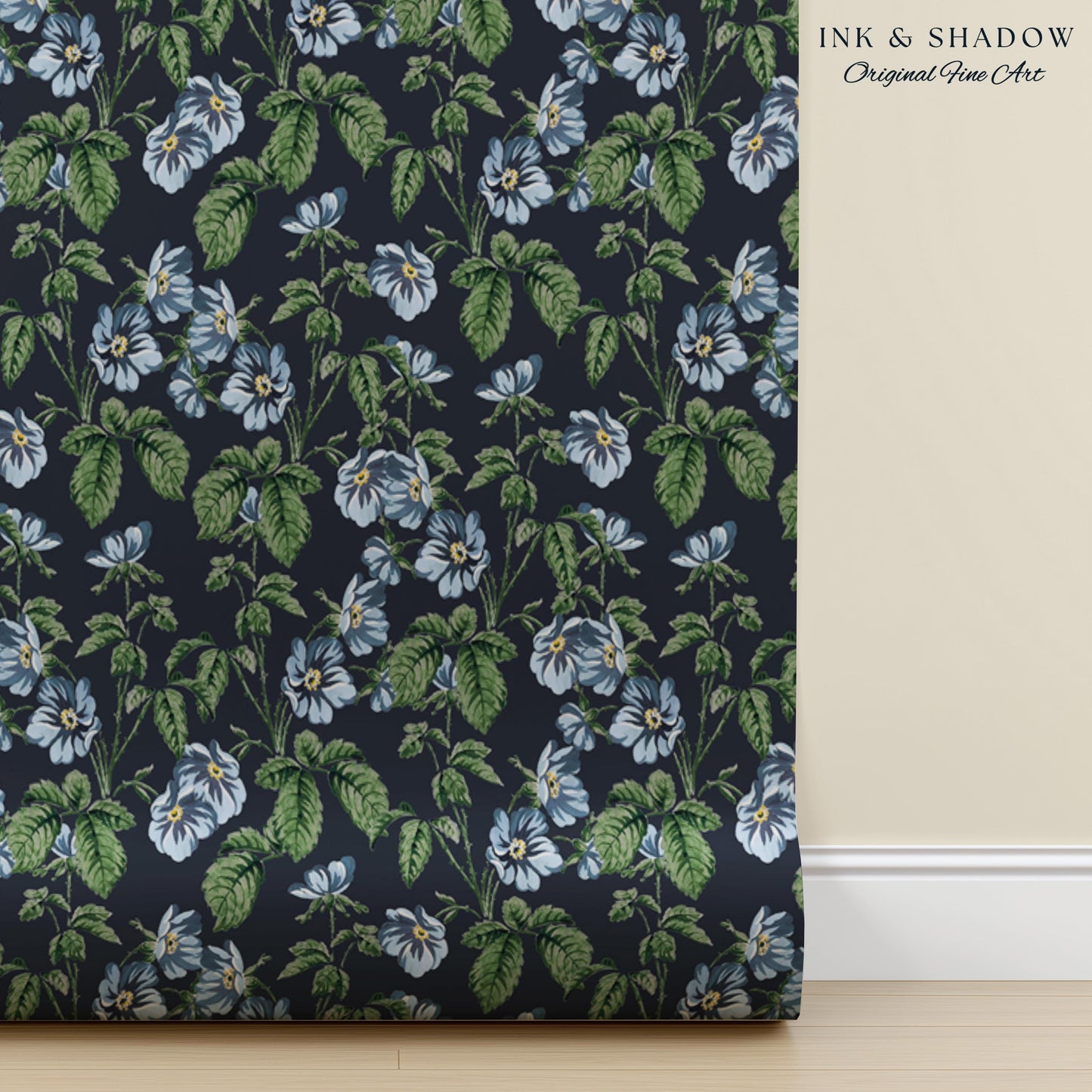 English Elegance Blue Floral Wallpaper | Vintage Inspired Small-Scale Flower Pattern Timeless Bedroom Accent Renter Friendly Design Classic