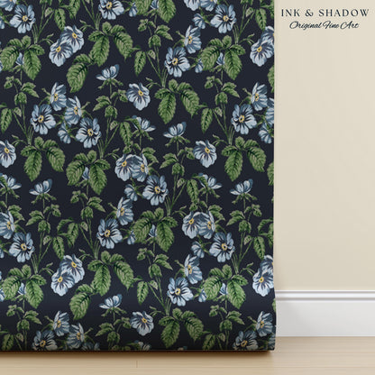 English Elegance Blue Floral Wallpaper | Vintage Inspired Small-Scale Flower Pattern Timeless Bedroom Accent Renter Friendly Design Classic