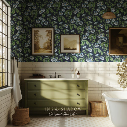 English Elegance Blue Floral Wallpaper | Vintage Inspired Small-Scale Flower Pattern Timeless Bedroom Accent Renter Friendly Design Classic