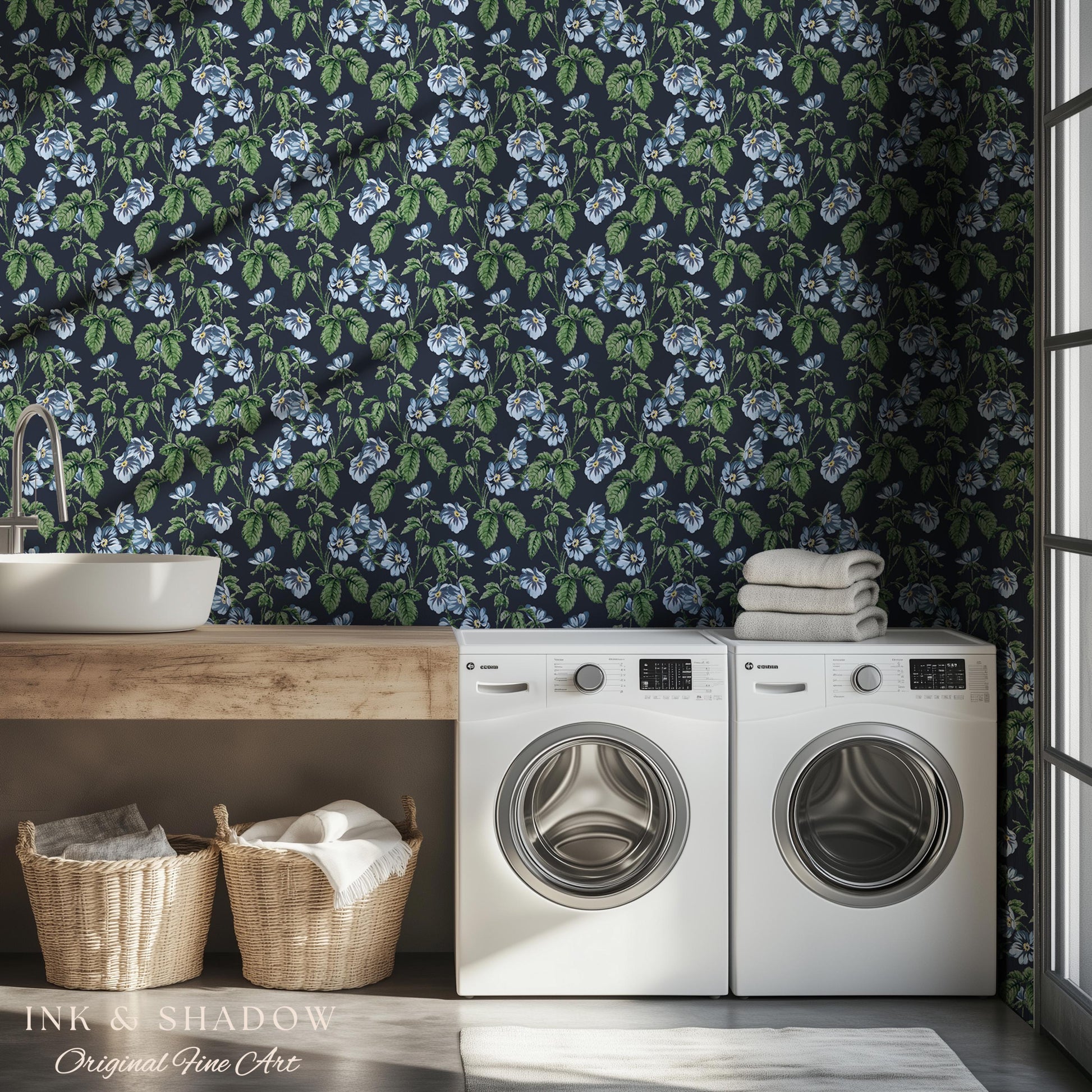 English Elegance Blue Floral Wallpaper | Vintage Inspired Small-Scale Flower Pattern Timeless Bedroom Accent Renter Friendly Design Classic