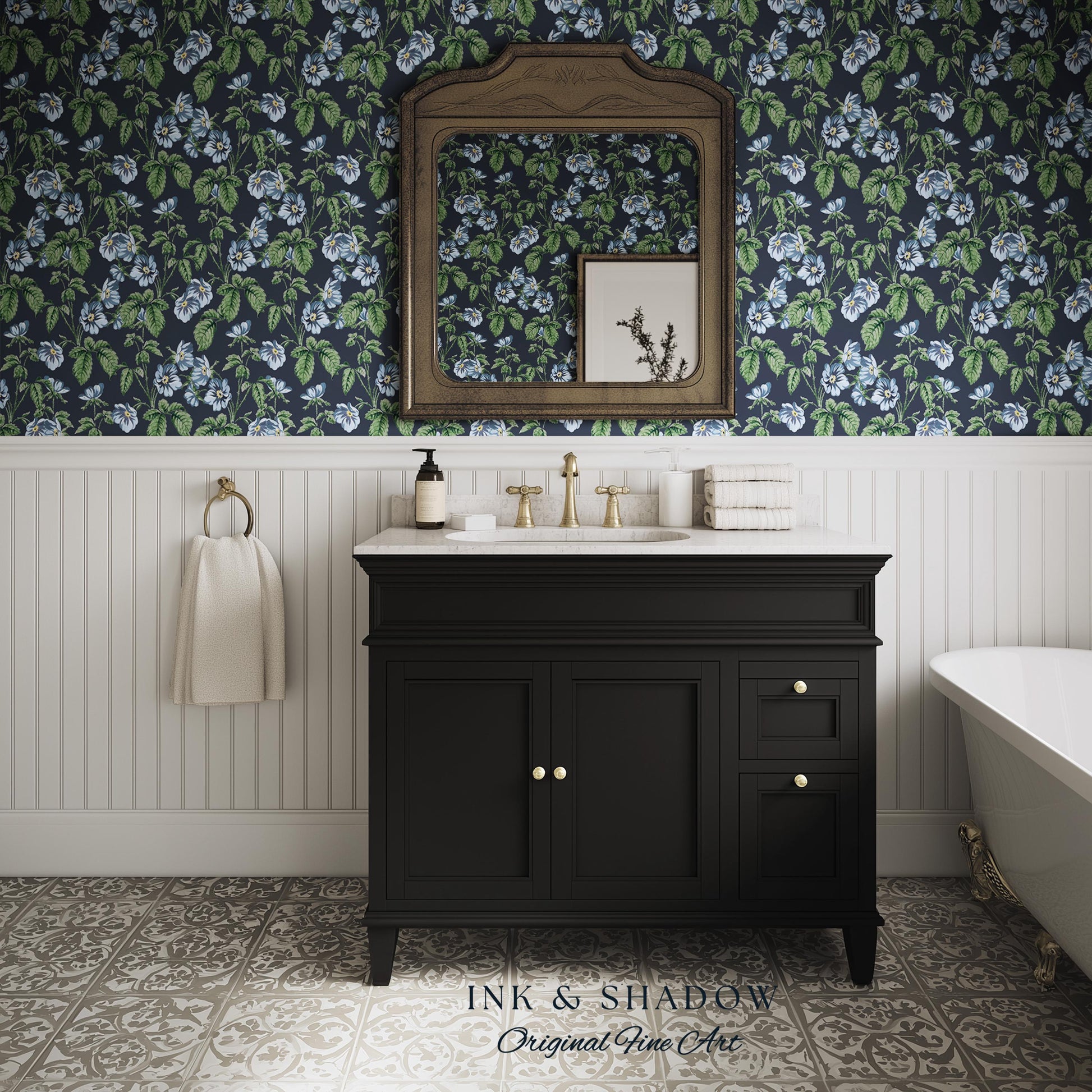 English Elegance Blue Floral Wallpaper | Vintage Inspired Small-Scale Flower Pattern Timeless Bedroom Accent Renter Friendly Design Classic