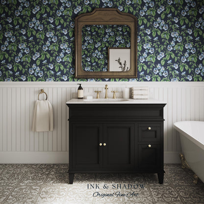 English Elegance Blue Floral Wallpaper | Vintage Inspired Small-Scale Flower Pattern Timeless Bedroom Accent Renter Friendly Design Classic