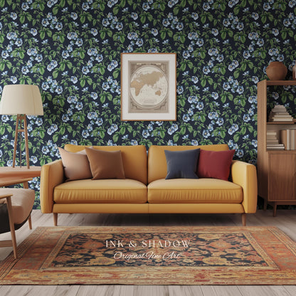 English Elegance Blue Floral Wallpaper | Vintage Inspired Small-Scale Flower Pattern Timeless Bedroom Accent Renter Friendly Design Classic