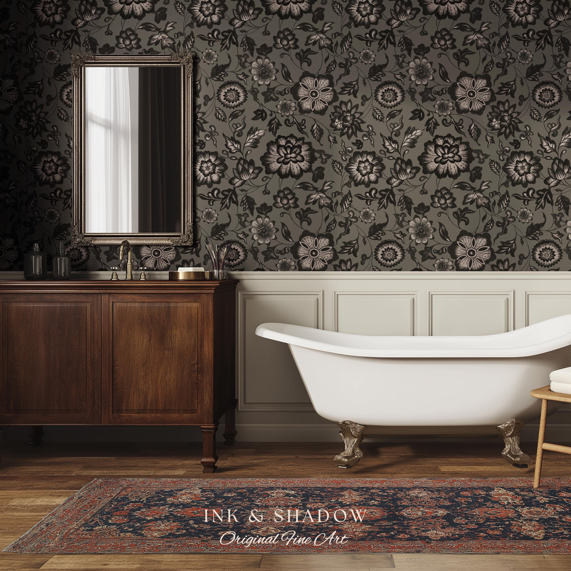 Dark Victorian Grayscale Wallpaper | Moody Home Accent Wall Renter Friendly Peel and Stick Dark Academia Floral Classic Pattern Neutral