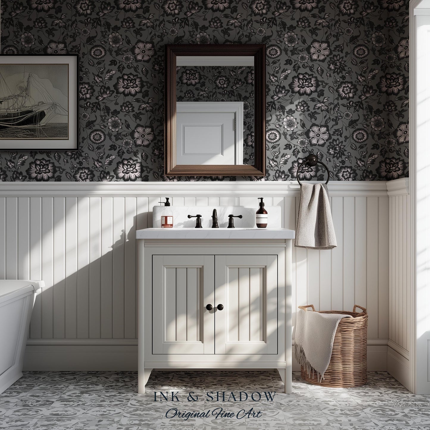 Dark Victorian Grayscale Wallpaper | Moody Home Accent Wall Renter Friendly Peel and Stick Dark Academia Floral Classic Pattern Neutral
