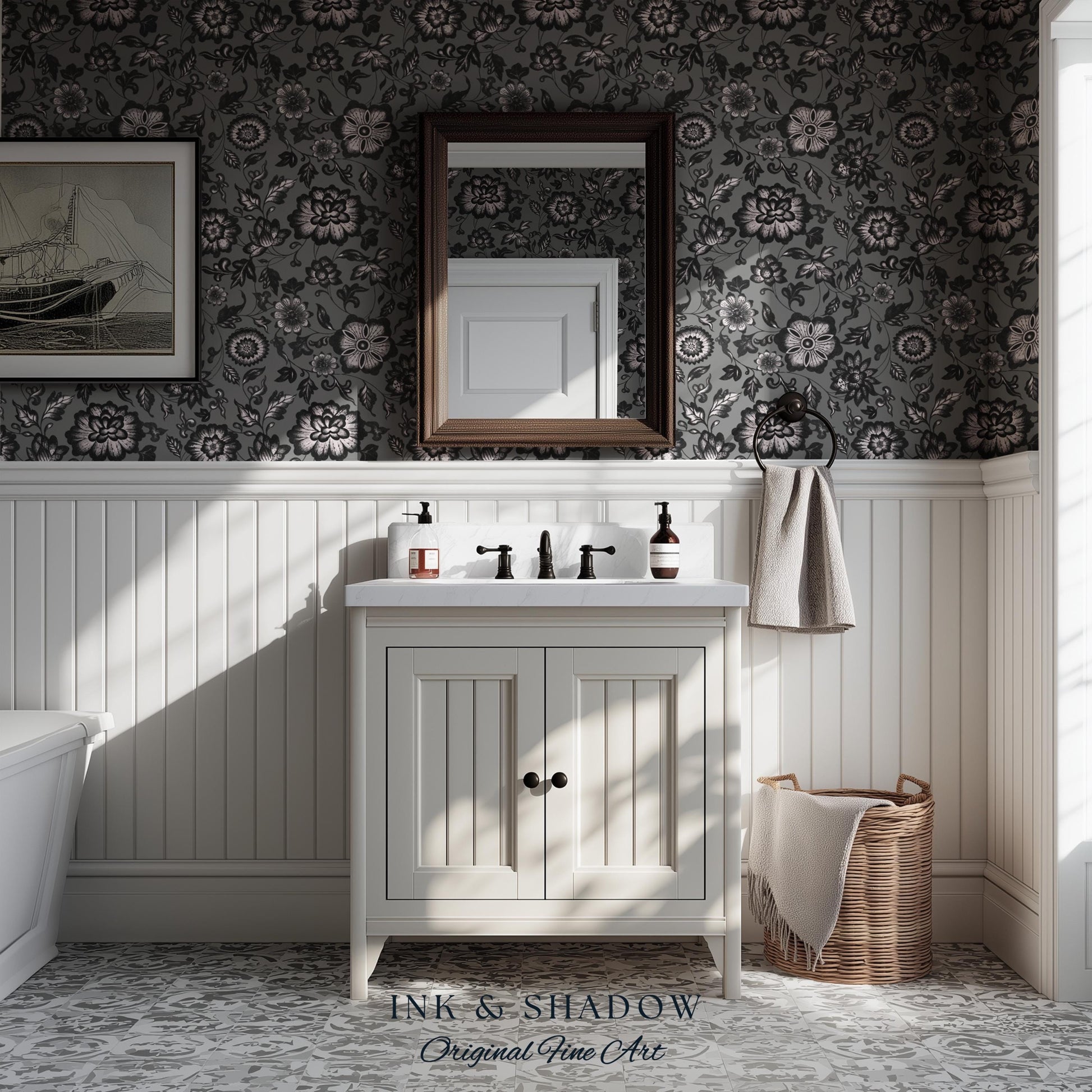 Dark Victorian Grayscale Wallpaper | Moody Home Accent Wall Renter Friendly Peel and Stick Dark Academia Floral Classic Pattern Neutral