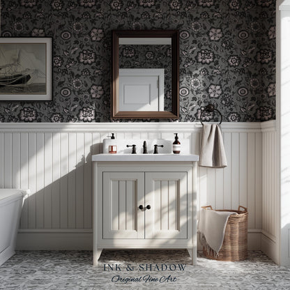 Dark Victorian Grayscale Wallpaper | Moody Home Accent Wall Renter Friendly Peel and Stick Dark Academia Floral Classic Pattern Neutral