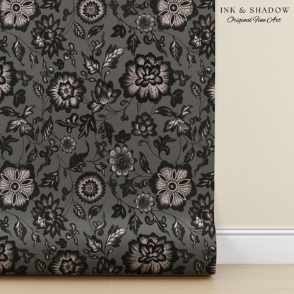 Dark Victorian Grayscale Wallpaper | Moody Home Accent Wall Renter Friendly Peel and Stick Dark Academia Floral Classic Pattern Neutral