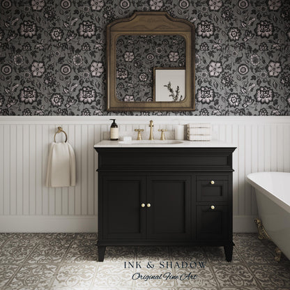 Dark Victorian Grayscale Wallpaper | Moody Home Accent Wall Renter Friendly Peel and Stick Dark Academia Floral Classic Pattern Neutral