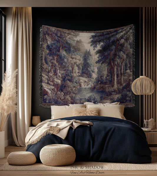 Cool Tone Storybook Landscape Tapestry | Woodland Clearing European Verdure Jacquard Woven Throw Blanket Rustic Botanical Elegance Wall Art