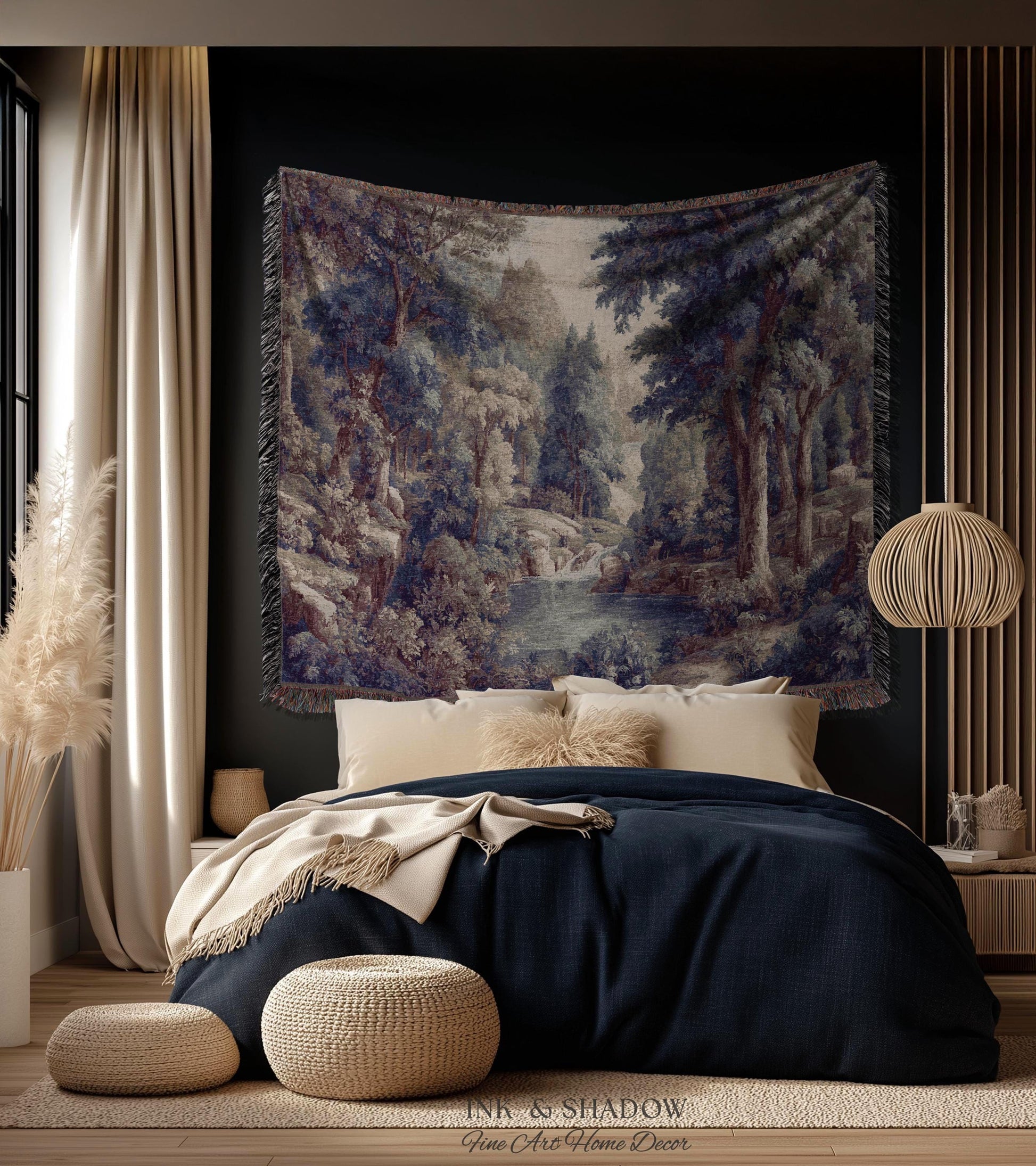 Cool Tone Storybook Landscape Tapestry | Woodland Clearing European Verdure Jacquard Woven Throw Blanket Rustic Botanical Elegance Wall Art