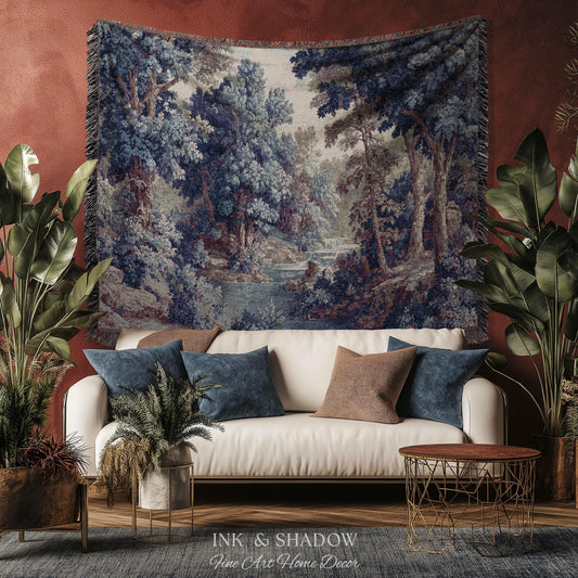 Cozy Jacquard Woven Indigo Verdure Tapestry | Museum Wall Art Early Decorative Textile Romantic Rococo Landscape Forest Timeless French Home