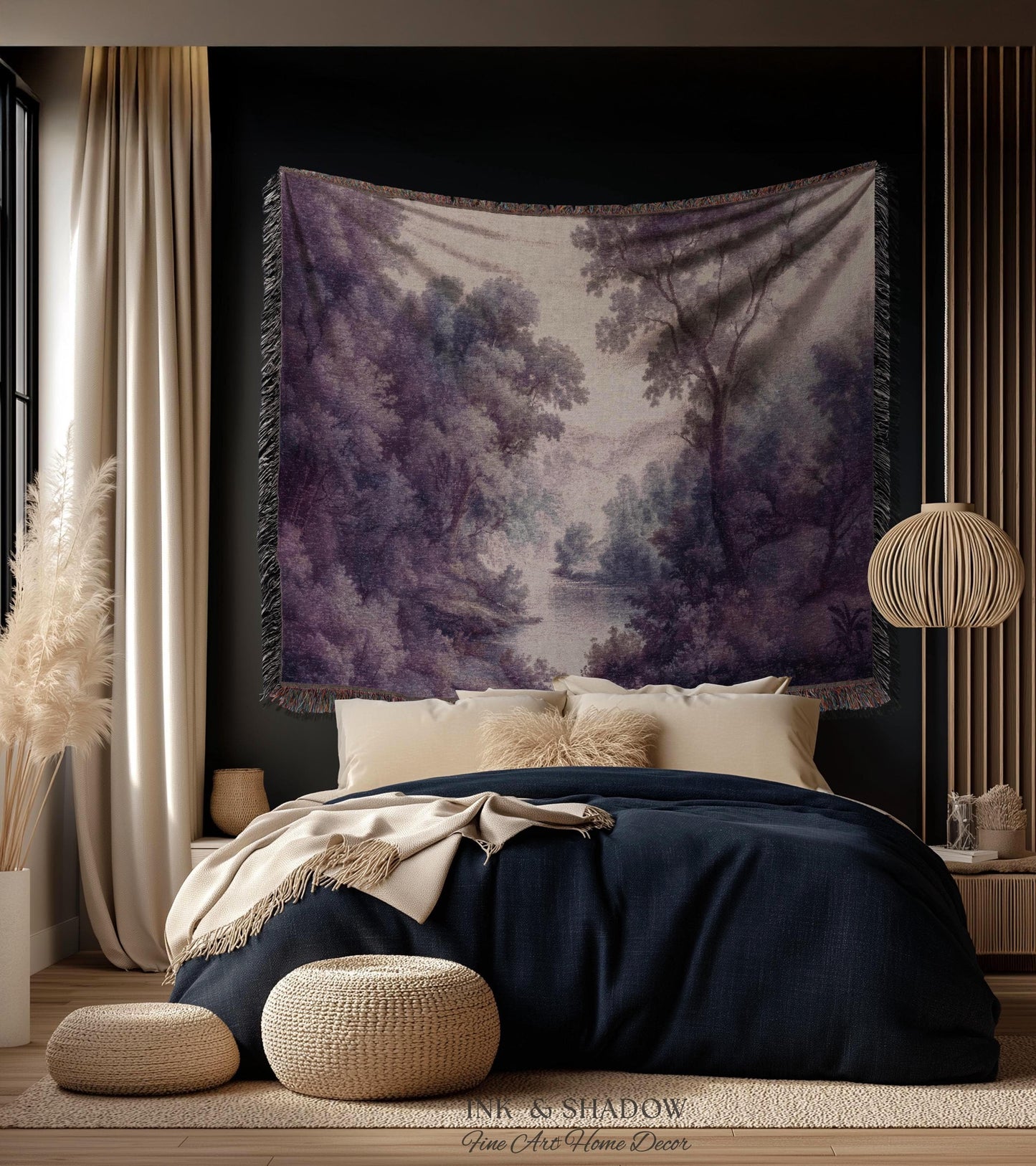 Purple Pastoral Landscape Woven Wall Tapestry | 19th Century Atmospheric Scene Timeless Romantic Classic Countryside Elegant Forest Blanket