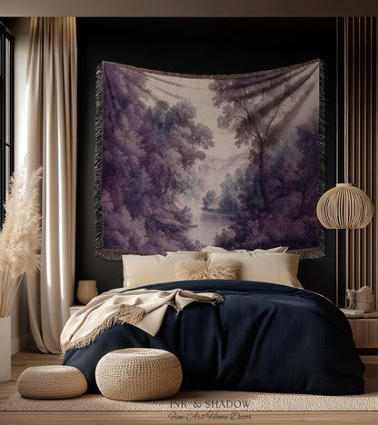 Purple Pastoral Landscape Woven Wall Tapestry | 19th Century Atmospheric Scene Timeless Romantic Classic Countryside Elegant Forest Blanket