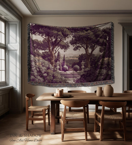 Mediterranean Villa Romantic Landscape Tapestry Throw | Pastoral Countryside Vintage Terrace Dark Romantic Jacquard Woven Classical Blanket