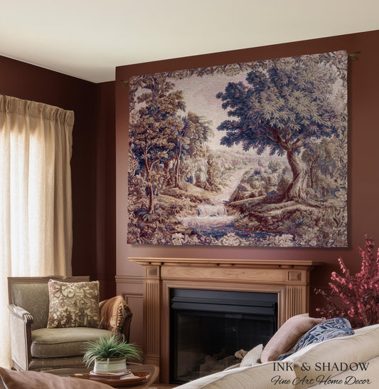 Aubusson Style Whimsical Woodland Art Wall Tapestry | French Rococo Textile Scenic Countryside Landscape Soft Luxury Romantic Pastoral Throw