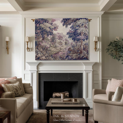 Dreamy Riverbank Romantic Wall Hanging | Cool Tone Pastel European Jacquard Woven Throw Blanket Aubusson French Verdure Tapestry Botanical