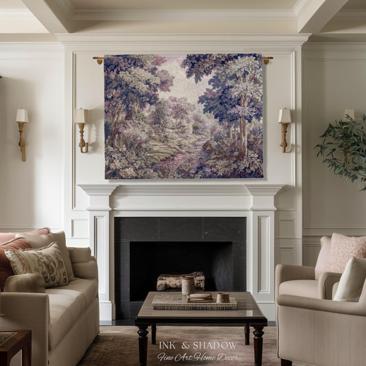 Dreamy Riverbank Romantic Wall Hanging | Cool Tone Pastel European Jacquard Woven Throw Blanket Aubusson French Verdure Tapestry Botanical