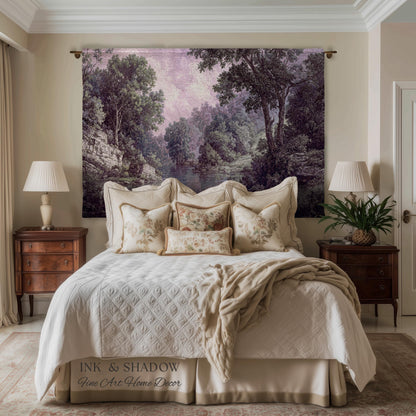 Calming Riverbank Muted Purple Rococo Tapestry | Soft Woodland Pastoral Scenery Historic Elegance Traditional Verdure Woven Jacquard Blanket
