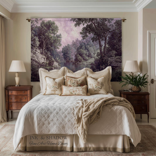 Calming Riverbank Muted Purple Rococo Tapestry | Soft Woodland Pastoral Scenery Historic Elegance Traditional Verdure Woven Jacquard Blanket